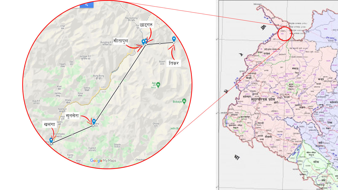 नेपालको नक्सामा दार्चुलाको तिंकर र छाङ्गरू।